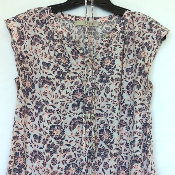 LOFT | Floral Shirtdress, Button Down Tie Waist Cap Sleeve, Pink & Blue - Picture 6 of 14